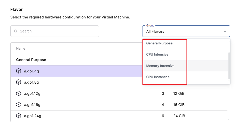 Select the Virtual Machine Flavor