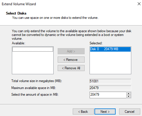 Wizard showing the available disk space