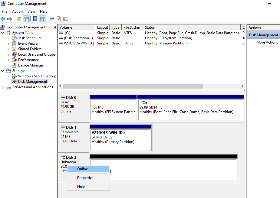 Disk Management showing the Online option