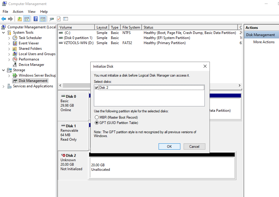 Initialize Disk dialog